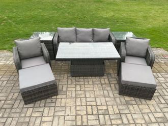 Fimous Outdoor Rattan Furniture Sofa Garden Dining Sets Adjustable Rising lifting Table & Chair Set With 2 Side Tables in Dark Grey