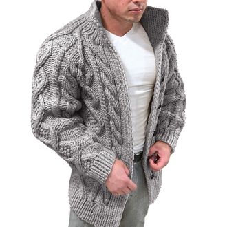 Generic Mens Knitted Jumper Thick Warm Knitted Sweater Jacket Cable Knit Cardigan Chunky Stand Collor Button Down Knitwear Autumn Winter Casual Warm Sweater C