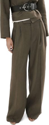 Mango Straight Leg Linen Pants in Khaki Green at Nordstrom, Size 6