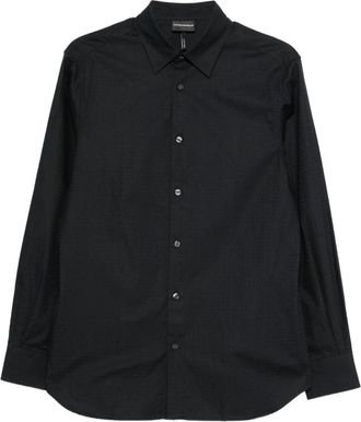 Emporio Armani Jacquard overhemd met all-over belettering - Heren - Casual Overhemden - Blauw - L - Katoen - Overhemden