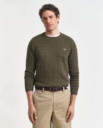 GANT Men Cotton Cable Knit Crew Neck Sweater (XXXL) KHAKI GREEN MELANGE