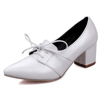 Generic MiaZane Womens Pointed Toe Lace-Up Mid Chunky Block Heel Oxford Pumps for Office & Business Meeting PU Soft Lining Elegant Design,White,6.5 UK