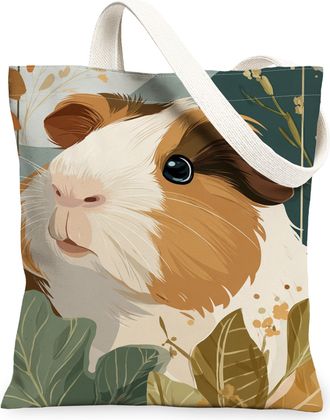 Generic Guinea Pigs Floral Canvas Tote Bag, Artistic Animal Design Reusable Grocery Bag, Vintage Washable Shoulder Strap Canvas for, Beige, 13x15 Inch