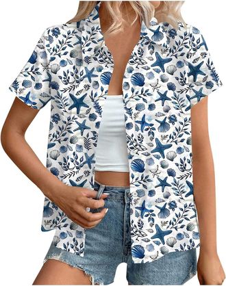 Generic Hawaiian Shirts for Women Summer Beach Shirt Trendy Tropical Floral Print Tshirts Casual Button Down Short Sleeve Blouses Plus Size Tees Fashion Outfi