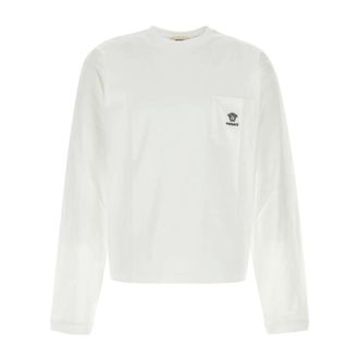 Versace Long Sleeve Tops, male, White, Size: XL Embroidered Cotton-Jersey T-Shirt