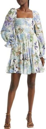 & Other Stories Floral Long Sleeve Smocked Cotton Dress in Blue at Nordstrom Rack, Size 10
