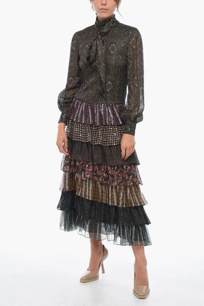 Celine Vestito Tie Neck in Misto Seta a Balze con Motivo in Lurex Celine
