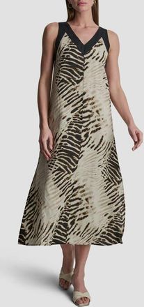DKNY Print Colorblock Linen Midi Dress in Brushed Sandbed/Black at Nordstrom, Size X-Small
