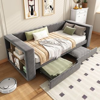 Merax 3ft Single Grey Velvet Daybed Sofa Bed with Side Storage & 2 Drawers