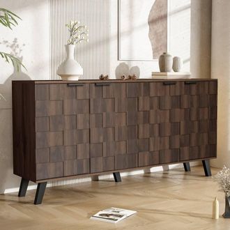 Merax 150cm Modern 4-Door Sideboard Cabinet with Geometric Textured Fronts in Walnut