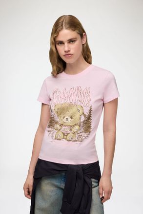 Ganni Pink Baby Fit T-shirt with Forest Teddy - Size XXS Organic Cotton