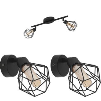 Loops Twin Ceiling Spot Light & 2x Matching Wall Lights Black Modern Cage Moving Head
