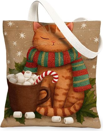 Generic Christmas Cat Canvas Tote Bags, Cute Feline Holiday Design Reusable Grocery Bags, Winter Rustic Lightweight Washable Should, Brown, 13x15 Inch