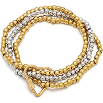 Adornia Set of 3 Two-Tone Heart Carabiner Beaded Stretch Bracelets in Gold/Silver at Nordstrom Rack