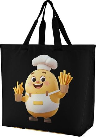 Generic Potato Chef with French Fries Reusable Shopping Bags Large Capacity Grocery Bag Heavy Duty Tote for Women 40x40x16cm