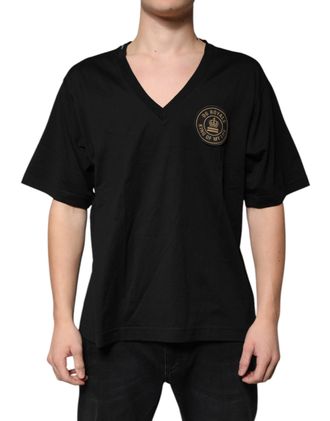 Dolce & Gabbana Black Cotton Logo Vneck Short Sleeve Mens T-shirt
