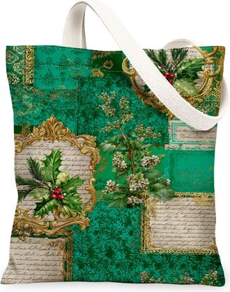 Generic Holiday Floral Canvas Tote Bags, Vintage Green Design Reusable Shopping Bags, Chic Lightweight Washable Shoulder Strap Canv, Green, 13x15 Inch