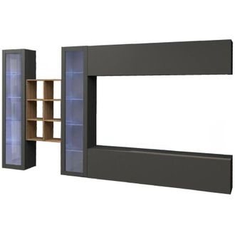 Dmora Parete attrezzata Alezio, Set salotto porta tv a 4 ante, Mobile soggiorno multiuso, 100% Made in Italy, cm 280x30h180, Bianco lucido e Acero - Dmora