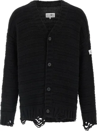 Maison Margiela Destroyed Black Cardigan with V-Neckline and Textured Knit