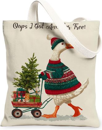 Generic Christmas Goose Canvas Tote Bags, Holiday Animal Pattern Reusable Grocery Bags, Winter Fanciful Cozy Lightweight Washable S, Beige, 13x15 Inch