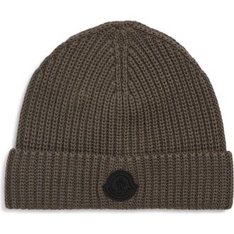 Moncler Logo Patch Cotton Rib Beanie in Peat at Nordstrom