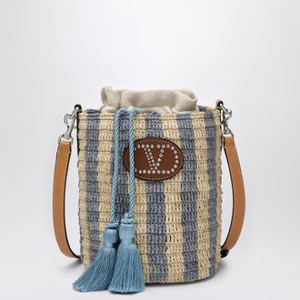 Valentino Garavani Small bucket bag in raffia with beige and light blue stripes