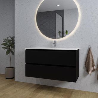 Saniclass Chaci Badkamermeubelset - 100x46x55cm - keramische wastafel wit - 1 ovale wasbak - 1 kraangat - 2 lades - ronde spiegel met verlichting - mat zwart
