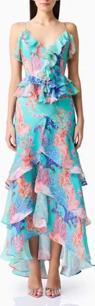 Elliatt Coral Print Tiered High-Low Gown in Blue Multi at Nordstrom, Size Xx-Small