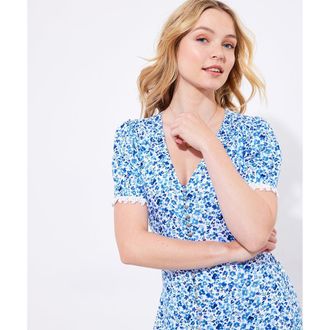 Joe Browns V-Neck Tiered Midi Dress in Blue Ditsy Floral at Nordstrom, Size 28