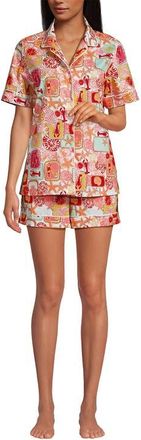 Lands End Poplin 2 Piece Pajama Set - Short Sleeve Shirt and Shorts in Tropical Stamp/white at Nordstrom, Size X-Small