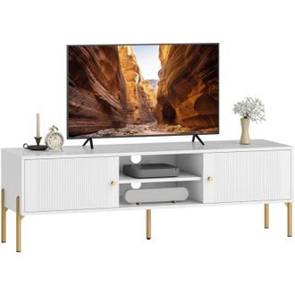 HOMCOM Homcom Mueble De Tv Moderno De 2 Puertas, Mueble Tv Para Sal&oacute;n Con 2 Estantes Abiertos Ajustables, Para Televisi&oacute;n 65 Pulgadas, 140x38x45,9 Cm, Blanco