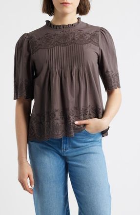 Madewell Embroidered Pintuck High Neck Cotton Voile Top in Chocolate Plum at Nordstrom, Size Xx-Large