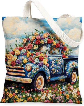 Generic Floral Canvas Tote Bags, Flower Truck Design Reusable Grocery Bags, Lightweight Washable Shoulder Strap for Travel Beach Picnic 13x15 Inch