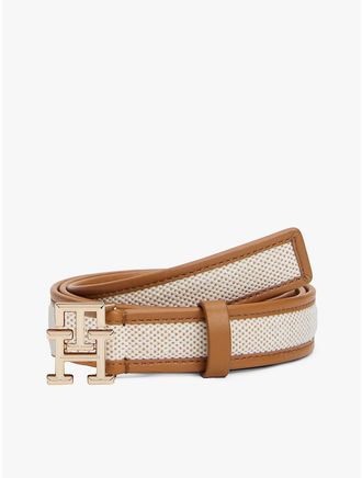Tommy Hilfiger Womens Logo Buckle Contrast-Trim Canvas Belt - Brown - 40