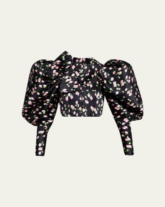 Marc Jacobs Rose-Print Satin Bow Balloon-Sleeve Crop Jacket
