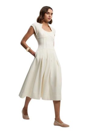 Karen Millen Compact Stretch Dropped Waist Midi Dress in Ivory at Nordstrom, Size 10