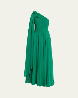 Teri Jon Pleated Cape-Sleeve Chiffon Gown