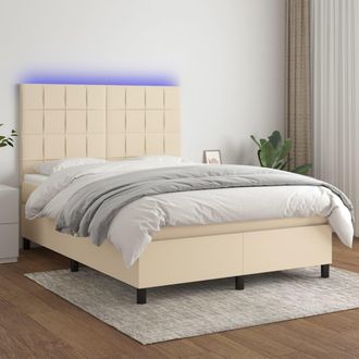 vidaXL Vidaxl - Cama Box Spring Colch&oacute;n Y Luces Led Tela Crema 140x190 Cm