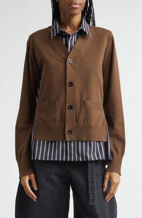 sacai Mixed Media Poplin & Knit Cardigan in Brown/Navy Stripe at Nordstrom, Size 2