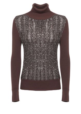 D.exterior Brown High Neck Ribbed Sequin Wool Sweater