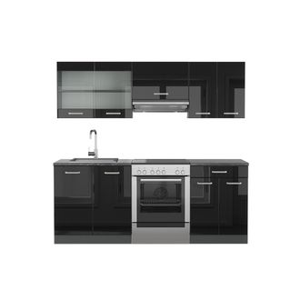 Vicco Mueble De Cocina R-line, Negro/antracita De Alto Brillo, 200 Cm, Et Antracita