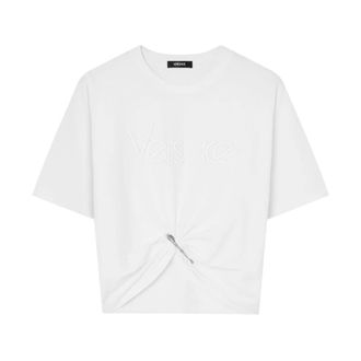 Versace T-Shirts, female, White, Size: XS Cropped T-Shirt with Safety Pin Design