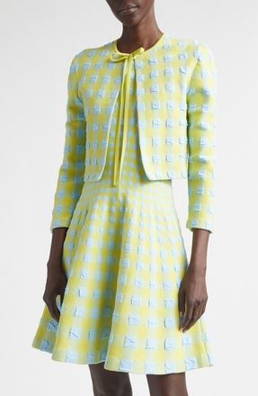 Oscar De La Renta Crop Gingham Jacquard Cardigan in Cerulean/Pear at Nordstrom, Size Small