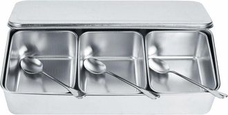 OEM Bocal A Especias - Recipiente Acero Inoxidable 430 - 3 Compartimentos Con Tapa Roscada Y Cuchara Doseadora - Para Cocina Y Exterior - Pack De 3
