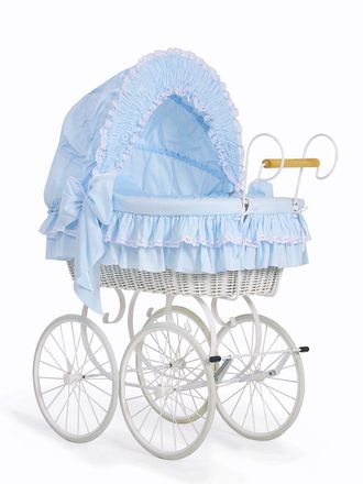 OEM Cesta Mois&eacute;s De Mimbre Victoria Retro Con Capota Plegable - Ropa De Cama Blanca Con Encaje Azul