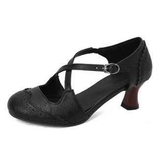 Generic Womens Cross Strap Casual Shoes with Buckle Mid Kitten Heel Retro Dress Shoes Round Toe PU Leather Brogue Shoe,Black,10.5 UK