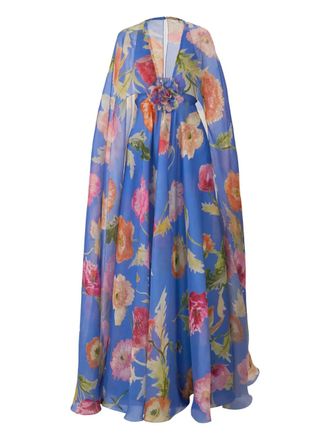 Carolina Herrera Poppy-print organza gown with cape - Blue