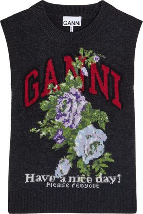 Ganni Floral-intarsia Wool-blend Vest - Black - S (UK8-10 / S)