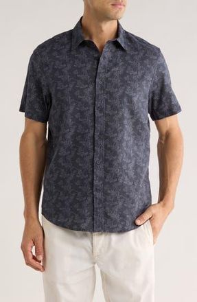 14th & Union Floral Print Short Sleeve Linen & Cotton Button-Up Shirt in Navy Scrolling Fleur at Nordstrom Rack, Size Xx-Large