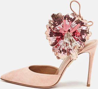 Aquazzura Pink Suede Disco Flower Embellished Ankle Tie Sandals